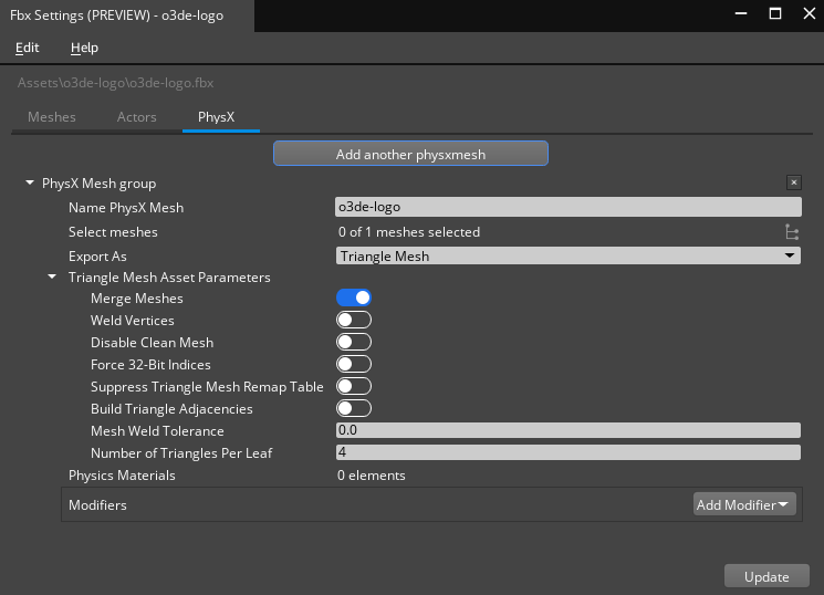  Scene Settings PhysX tab. 