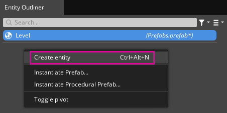 Creating a new entity in Entity Outliner.
