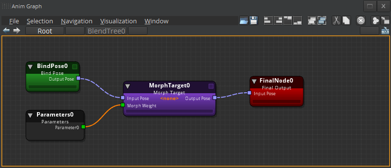 Example animation graph that shows the connection between the Parameter node, Morph Target node, and Final Node node.