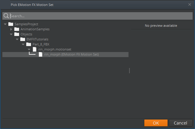 Choose a motion set to import in the Pick EMotion FX Motion Set window.