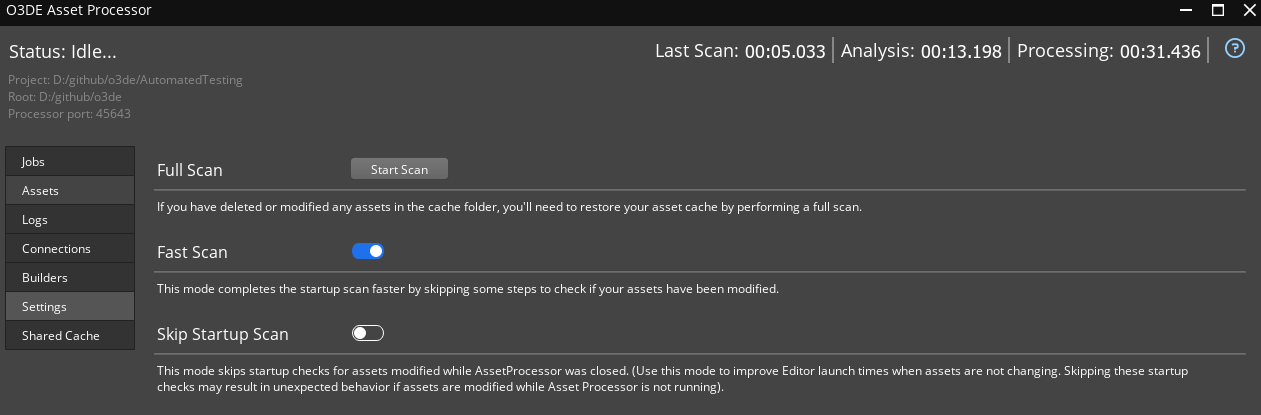 The Skip Startup Scan settings in Asset Processor