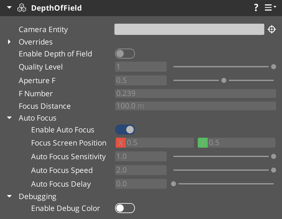 Depth of Field component properties