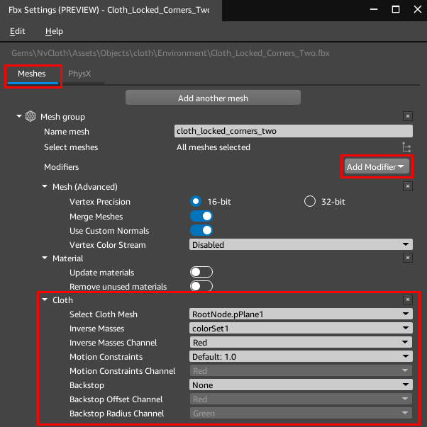 Open 3D Engine cloth modifier setup.