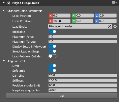 Properties of the PhysX Hinge Joint component